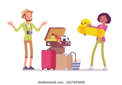 Packing luggage for travel. Young man and woman having problems closing trip suitcase the right way, too many things to take. Vector flat style cartoon illustration isolated on white background