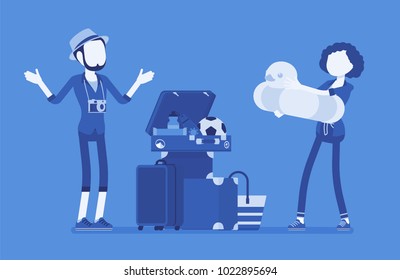Packing luggage for travel. Young man and woman having problems closing trip suitcase the right way, too many things to take. Vector illustration with faceless characters