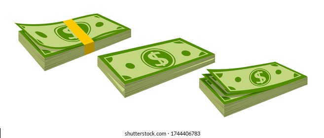 Empaquetado de billetes de dinero conjunto de caricaturas planos. Grandes montones de efectivo, paquetes de billetes. Dólar verde en varios grupos, paquete de signos de moneda. Cientos de dólares, billetes de papel verde. Ilustración vectorial aislada