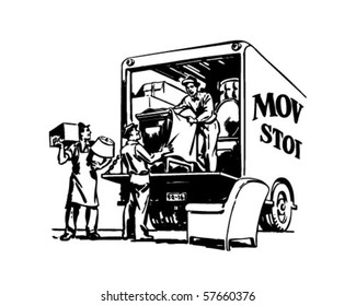 Packing Moving Van - Retro Clip Art