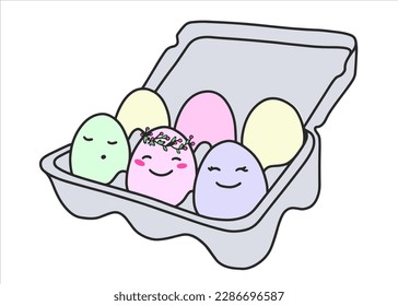Packing with multi-colored pastel eggs for the Easter holiday. Spring holiday with decorative eggs with cute faces. Vector illustration in a flat style. Illustration for a greeting card.