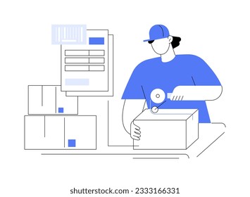 Packing order abstract concept vector illustration. Factory worker deals with labeling, kitting and assembly of goods, export business, foreign trade, package formation abstract metaphor.