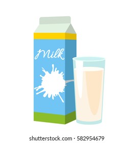 Packing organic milk and a full glass of milk. flat vector illustration isolate on a white background