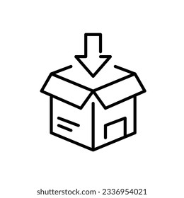 Empaquetar un paquete. Caja de entrega y flecha. Servicios de envío. Trazo de píxeles perfecto, editable