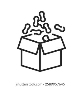 Packing peanuts, noodles in a box line icon. Cushioning foam material used to protect fragile items in shipping. Editable stroke. Vector illustration isolated on white background. For web design