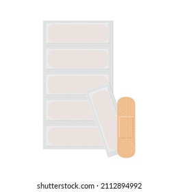 Packing of plasters. A band-aid is a thin cloth strip on which an adhesive mass is applied, used for medical purposes. Vector illustration isolated on a white background for design and web.