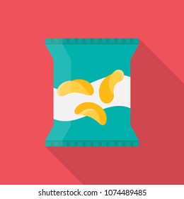 Packing of potato chips flat icon with long shadow isolated on red background. Simple chips package in flat style, vector illustration.  Can be used in banners, posters, restaurant and pub menu.