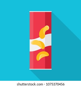 Packing of potato chips flat icon with long shadow isolated on blue background. Simple chips package in flat style, vector illustration. Can be used in banners, posters, restaurant and pub menu.