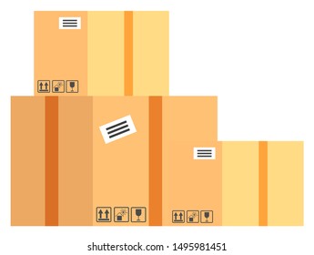 Packing product icon. Packing yellow boxes, package service, transportation parcel, deliver container, box delivery, receive pack, send and logistic isolated. Vector illustration in flat cartoon style