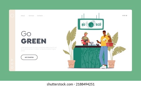 Packing Recycling Landing Page Template. Male Character Buying Food with Reusable Eco Friendly Bag at Store. Smiling Cashier Girl Check Out Products to Customer. Cartoon People Vector Illustration