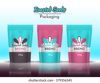 Packing roasted seeds. Template design with logo turquoise and pink. Vector illustration