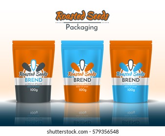 Packing roasted seeds. Template design with logo orange and blue. Vector illustration