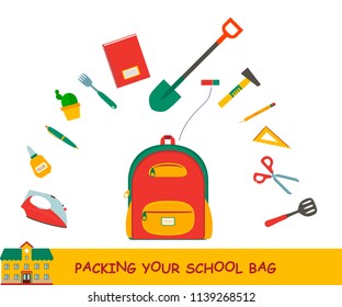 Packing the School Bag. Matching game. Connect the school supplies