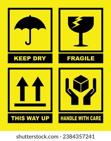 PACKING SIGN VECTOR ILLUSTRATION, SHIPMENT SIGN - KEEP DRY, FRAGILE, THIS WAY UP, HANDLE WITH CARE SIGNS ISOLATED