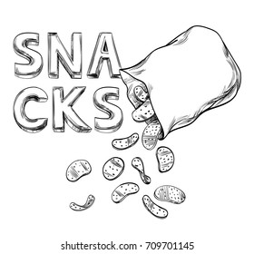 Packing of Snacks, Food on the background of the inscription. Open pillow bag with a blank space for text from which chips are poured. Lines Sketching on Chalkboard for template, menu, poster. Vector