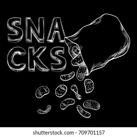 Packing of Snacks on the background of the inscription. Open pillow bag with a blank space for text from which chips are poured. Sketch on Chalkboard for template, menu. White lines on black, Vector