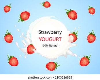 Packing for strawberry yogurt on blue background. Vector illustration