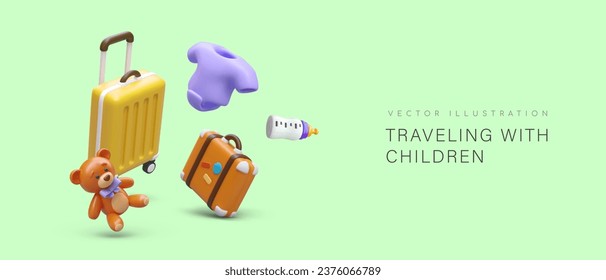 Packing suitcase for traveling with newborn baby. 3d realistic trolley bag, cute toy, clothes for kid and baby bottle on green background. Vector illustration with place for text