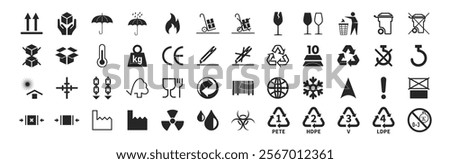 Packing symbol for cardboard boxes and warning symbols. Set of packing symbol isolated on transparent background