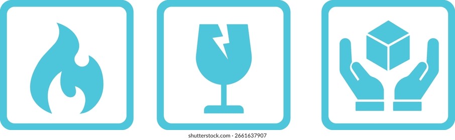 Packing Symbol fragile icon set.Handling and packing symbols including fragile, recycle and caution sign. Packing symbol for cardboard boxe. Delivery shipping label.warning label for shipping package.