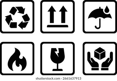 Empacotamento Símbolo ícone frágil set.Handling e empacotamento símbolos incluindo frágil, reciclar e sinal de cuidado. Símbolo de embalagem para caixas de cartão. Etiqueta de envio de entrega.etiqueta de aviso para o pacote de envio.
