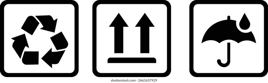 Packing Symbol fragile icon set.Handling and packing symbols including fragile, recycle and caution sign. Packing symbol for cardboard boxe. Delivery shipping label.warning label for shipping package.