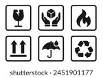 Packing symbol set. Fragile, handle with care, flammable, upward, keep dry, recycled simple signs - stock vector.