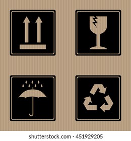 Packing Symbols This Way Up Fragile Keep Dry Recycle Icons - Black Flat Inverted Elements on Cardboard Background - Pictogram Sign Stencil Style