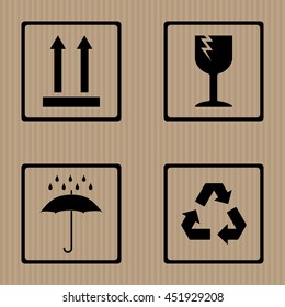Packing Symbols This Way Up Fragile Keep Dry Recycle Icons - Black Flat Elements on Cardboard Background - Pictogram Sign Stencil Style