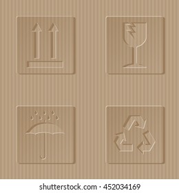 Packing Symbols This Way Up Fragile Keep Dry Recycle Icons - Craft Brown Cardboard Inverted Elements on Cardboard Background - Infographic Flat Design