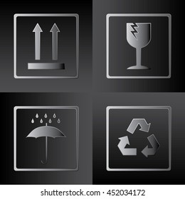 Packing Symbols This Way Up Fragile Keep Dry Recycle Icons - Glossy Grayscale Elements on Black Background - Gradient Graphic Style
