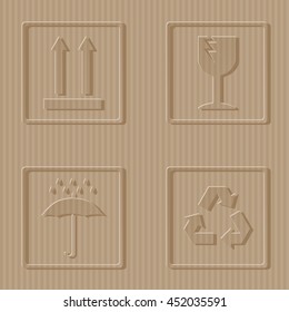 Packing Symbols This Way Up Fragile Keep Dry Recycle Icons - Craft Brown Cardboard Elements on Cardboard Background - Infographic Flat Design