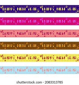 Packing tapes set. Horizontal pattern with Christmas greetings. Beautiful new year text, snowflakes, trending blue, coral, purple background. Vector illustration for festive ribbon, packaging sample