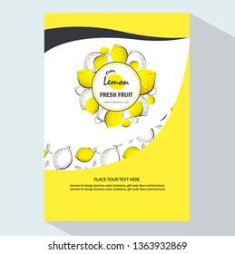 Packing template design of Lemon. Vector illustration lemon vertical banner. Design for juice, tea, ice cream, lemonade, jam, natural cosmetics, sweets and pastries filled with lemon, dessert menu.