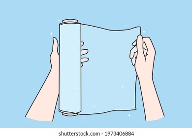 Packing things, copy space and mockup concept. Female hands using roll of transparent plastic cling film for packaging food on blue background vector illustration 