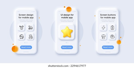 Packing things, Dirty water and Share idea line icons pack. 3d phone mockups with star. Glass smartphone screen. Clean t-shirt, Gas cylinder, Collagen skin web icon. Energy, Luggage pictogram. Vector