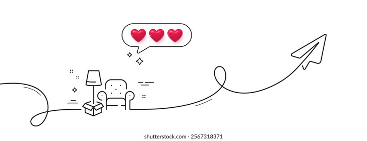 Packing things line icon. Continuous line with share plane. Home moving sign. Delivery service symbol. Hearts rate review in speech bubble. Packing things single line ribbon. Vector