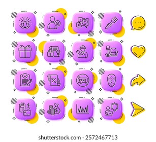 Packing things, Lotus and Time management line icons. App 3d buttons. Social media comment, share, like icons. Pack of Security, Rfp, Pos terminal icon. Vector