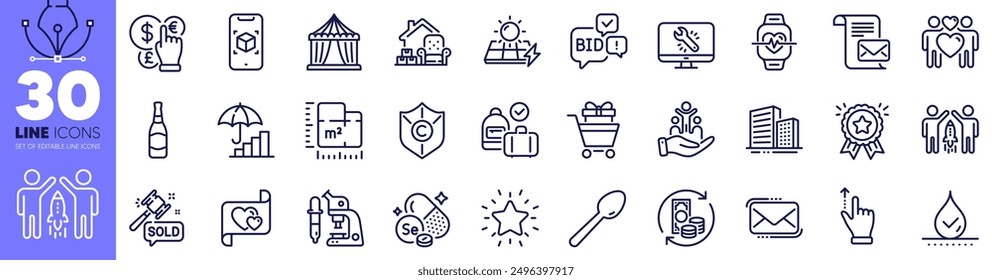 Packing things, Money currency and Buildings line icons pack. Floor plan, Selenium mineral, Love couple web icon. Partnership, Microscope, Bid offer pictogram. Auction hammer. Vector