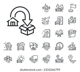 Packing things sign. Plane, supply chain and place location outline icons. Moving service line icon. Things transportation symbol. Moving service line sign. Taxi transport, rent a bike icon. Vector