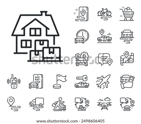 Packing things sign. Plane, supply chain and place location outline icons. Home moving line icon. Delivery service symbol. Home moving line sign. Taxi transport, rent a bike icon. Travel map. Vector