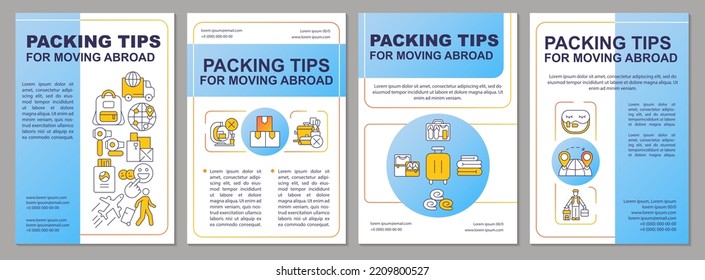 Packing Tips For Moving Abroad Blue Brochure Template. Travel. Leaflet Design With Linear Icons. Editable 4 Vector Layouts For Presentation, Annual Reports. Arial, Myriad Pro-Regular Fonts Used