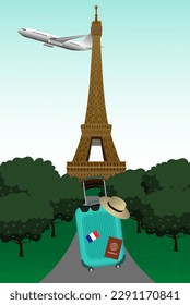 Packing travel bag  a suitcase to travel to eiffel, France