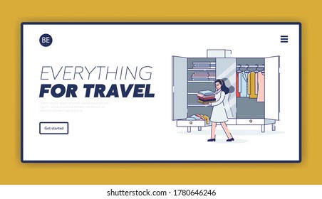 Packing for travel landing page design with cartoon woman taking clothes from wardrobe for package before vacation. Young female holding pile of clothing for trip. Linear vector illustration