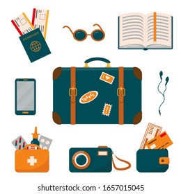 Packing for traveling. Travel equipment set.  Luggage collection vector illustration in flat style. 
