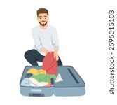 Packing for a Trip. Man is organizing clothes in an open suitcase, preparing for a journey. Flat vector illustration isolated on white background