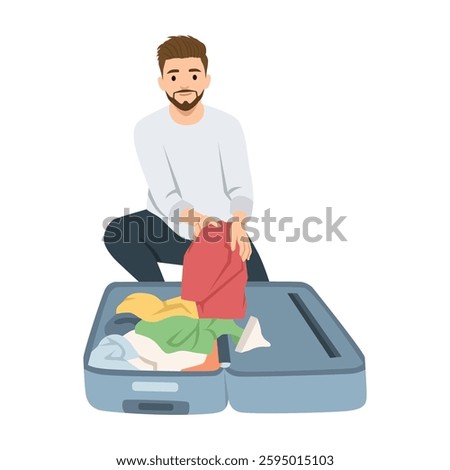 Packing for a Trip. Man is organizing clothes in an open suitcase, preparing for a journey. Flat vector illustration isolated on white background