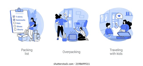 Packing for vacation isolated cartoon vector illustrations set. Woman writes list of things to pack, overpacking suitcase, traveling with kids, child and mom make luggage together vector cartoon.