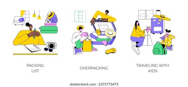 Packing for vacation isolated cartoon vector illustrations set. Woman writes list of things to pack, overpacking suitcase, traveling with kids, child and mom make luggage together vector cartoon.