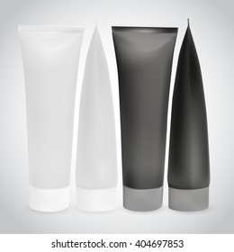 Packing White and Black Realistic Tubes For Cosmetics isolated on white background. Tube for creams, toothpaste, gel, sauce, paint, glue, ointments, lotions, medicines. 